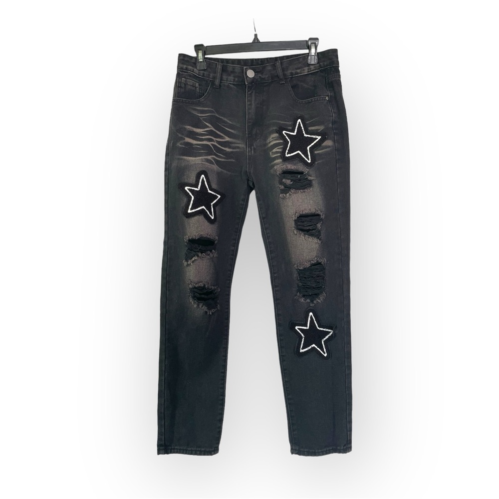 Patched distressed black jeans no brand